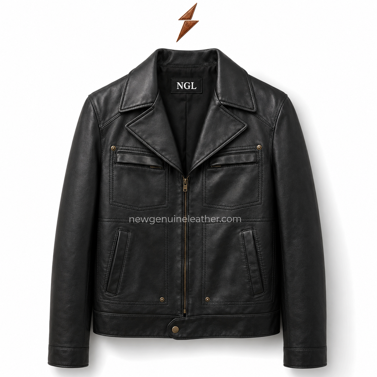 NGL Leather Jackets Specifications | newgenuineleather.com NGL leather jackets specification image with four pockets, central zipper and antique-brass hardware