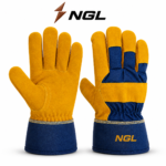 RIGGER GLOVES featuring yellow leather fingertips, navy finger panels, gathered wrist and reinforced cuff seams.