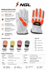 Front and palm views of NGL GLOVES showing orange finger protection, stitched white leather and elasticated wrist cuffs.