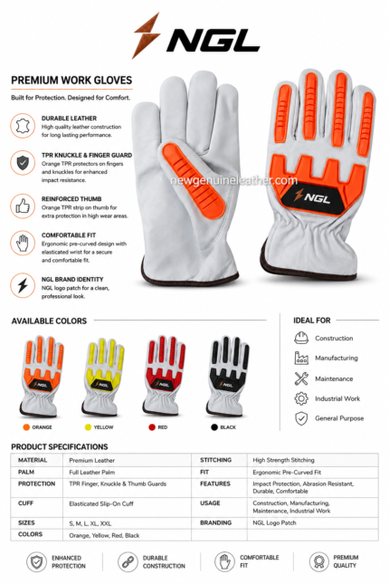 Front and palm views of NGL GLOVES showing orange finger protection, stitched white leather and elasticated wrist cuffs.
