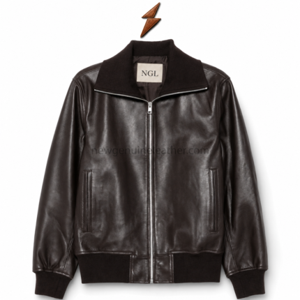 Men’s Bomber Jacket in dark-brown leather with rib-knit collar and NGL label