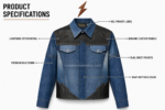Blue denim jacket front view with black leather lightning panels by NGL New Genuine Leather