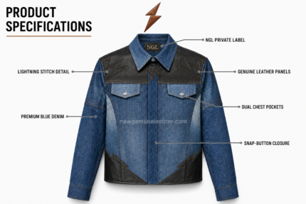 Blue denim jacket front view with black leather lightning panels by NGL New Genuine Leather