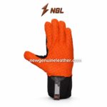 Palm side of orange IMPACT MECHANIC GLOVES with raised circular grip dots, black thumb reinforcement and branded pull tab.