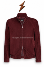 Burgundy Suede Jacket with raglan panel stitching and NGL branding by NEW GENUINE LEATHER