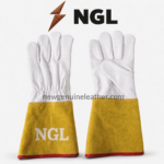 Goat welding gloves with gathered elastic wrist, full fingers and red bound cuff edge