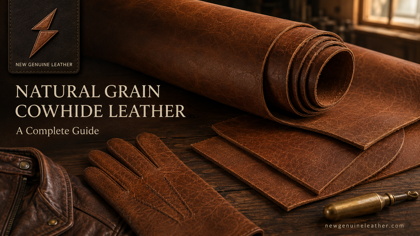 Natural Grain Cowhide Leather Natural grain cowhide leather rolls, gloves, and jacket by New Genuine Leather