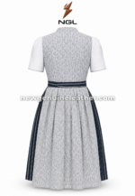 Navy Striped Dirndl specifications showing raised collar, decorative buttons, metal buckle and lace-trimmed skirt