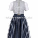Navy Striped Dirndl back view with fitted bodice seams, short sleeves, defined waistband and vertical striped skirt