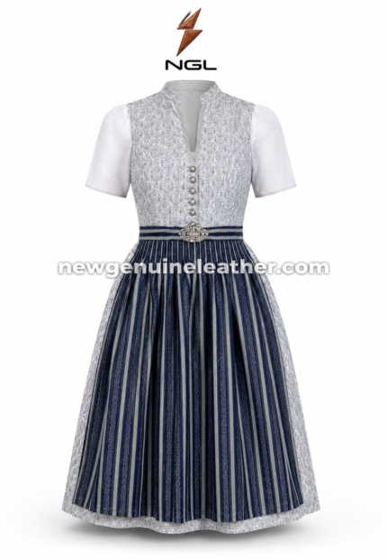 Navy Striped Dirndl back view with fitted bodice seams, short sleeves, defined waistband and vertical striped skirt