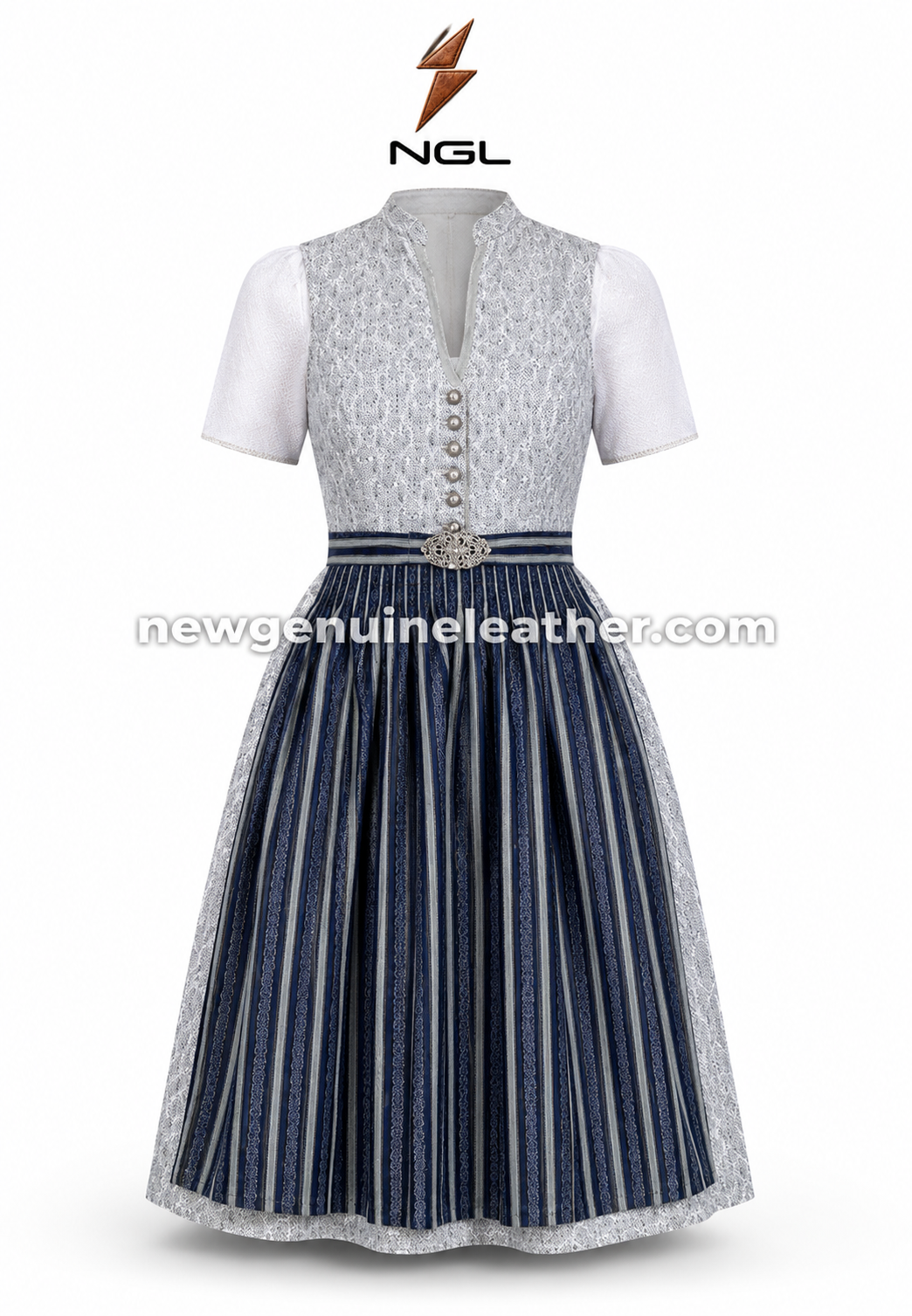 Navy Striped Dirndl Front View | NGL Navy Striped Dirndl back view with fitted bodice seams, short sleeves, defined waistband and vertical striped skirt