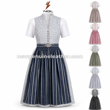 Navy Striped Dirndl front view with silver lace bodice, short sleeves, striped skirt and newgenuineleather.com