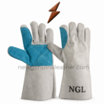 Blue palm welding gloves showing reinforced palm and plain grey back construction