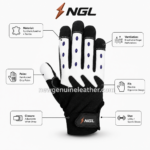Black and white breathable gloves with blue finger vents and NGL wrist logo by newgenuineleather.com