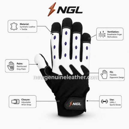 Black and white breathable gloves with blue finger vents and NGL wrist logo by newgenuineleather.com