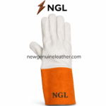 OEM industrial gloves back view with white leather finger panels and black NGL screen print on orange cuff
