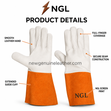 OEM industrial gloves with white leather hands, orange suede cuffs and NGL branding from newgenuineleather.com