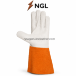 OEM industrial gloves palm view showing white leather fingers, extended thumb and orange gauntlet cuff