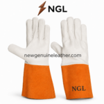 OEM industrial gloves specification image showing leather hand, full fingers, seams and orange suede cuff