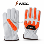 NGL GLOVES in white leather with orange segmented finger guards, reinforced thumb and black back-hand logo patch.
