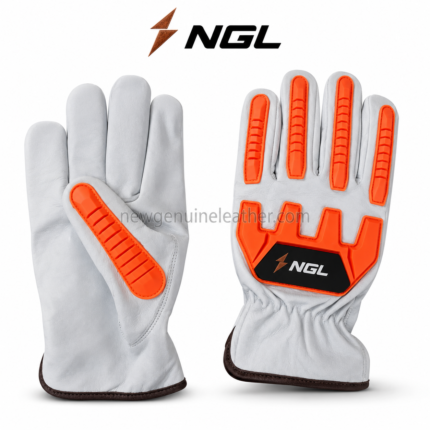NGL GLOVES in white leather with orange segmented finger guards, reinforced thumb and black back-hand logo patch.