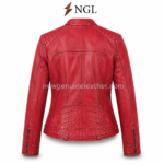 Red leather motorcycle jacket with quilted shoulders, three zip pockets and newgenuineleather.com branding