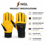 OEM safety gloves with rectangular finger panels and shaped yellow leather palm reinforcement