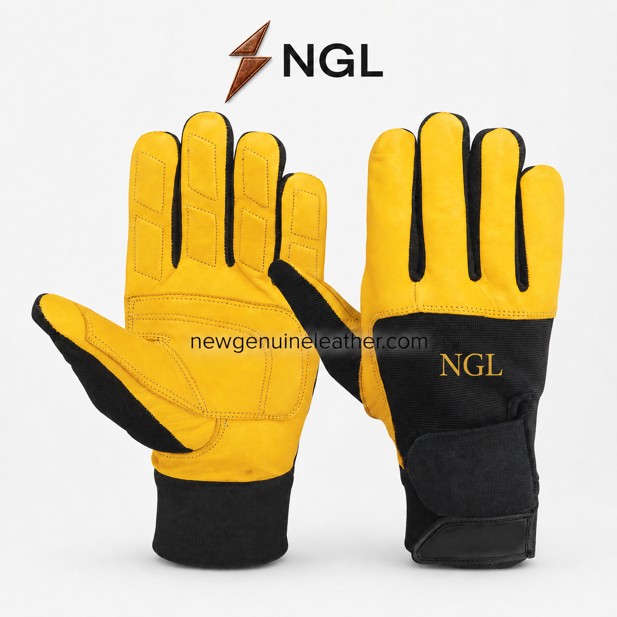 OEM Safety Gloves – Yellow and Black Front View Wholesale Automotive Gloves Wholesale mechanic gloves in yellow, brown and black with flexible finger panels