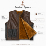 Brown shearling leather vest with front metal zipper and contrast side panels