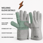 Short welding gloves pair with green thumb reinforcement, multi-panel design and NGL leather emblem from newgenuineleather.com