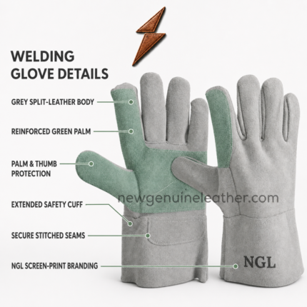Short welding gloves pair with green thumb reinforcement, multi-panel design and NGL leather emblem from newgenuineleather.com