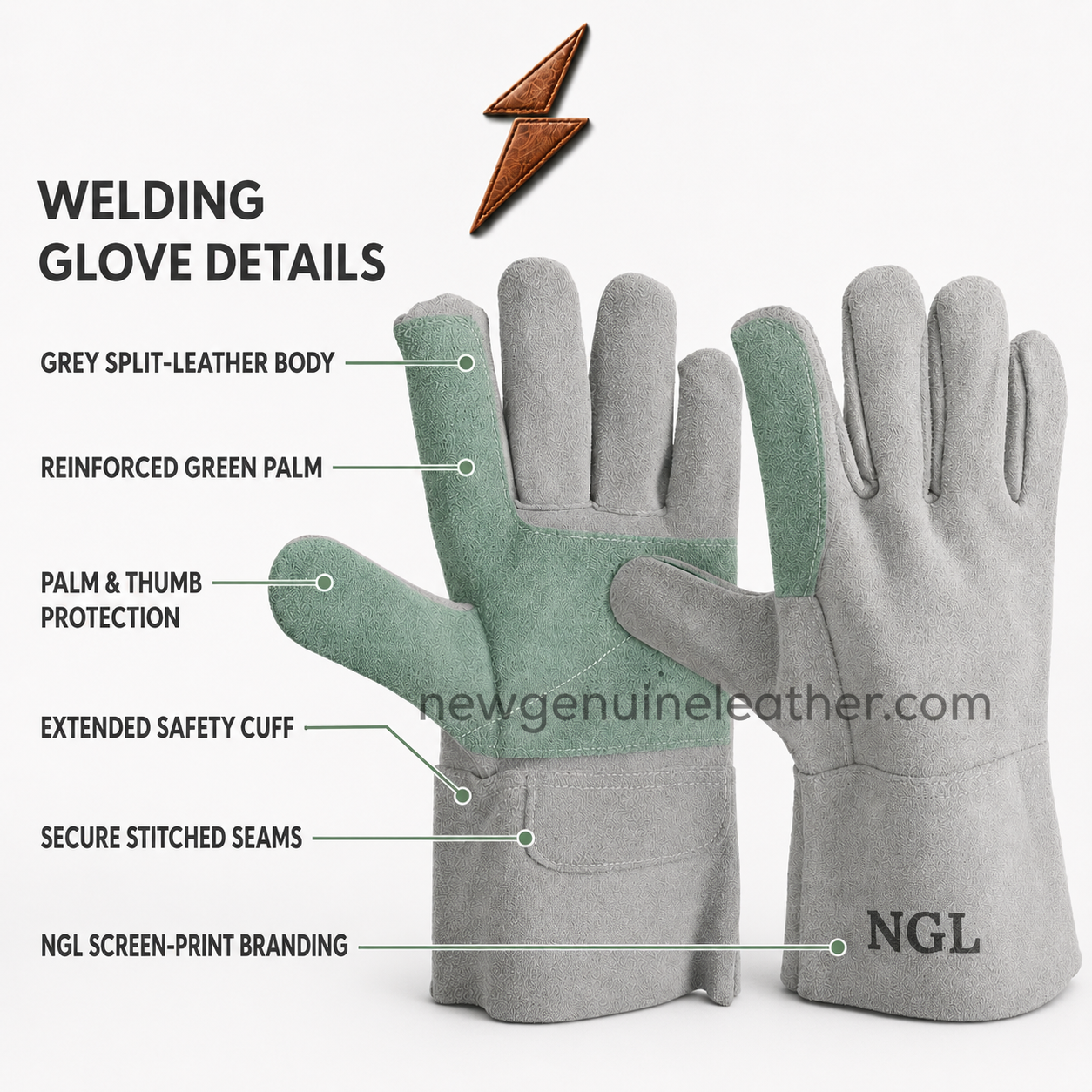 OEM Short Welding Gloves – Reinforced Design Short welding gloves pair with green thumb reinforcement, multi-panel design and NGL leather emblem from newgenuineleather.com
