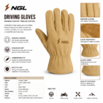 Tan NGL Driving Gloves with full-finger leather construction, gathered elastic wrist, extended cuff and back-hand logo.