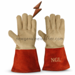 OEM welding gloves with cream leather hands, red suede cuffs and NGL cuff branding