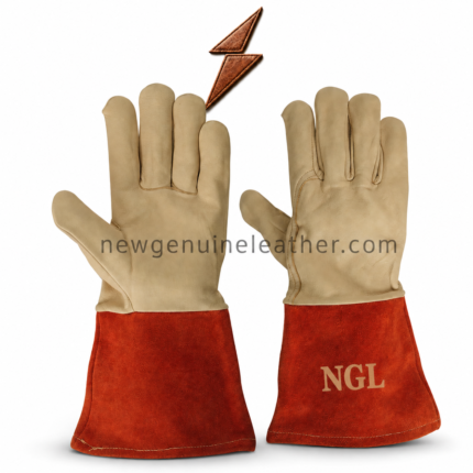 OEM welding gloves with cream leather hands, red suede cuffs and NGL cuff branding