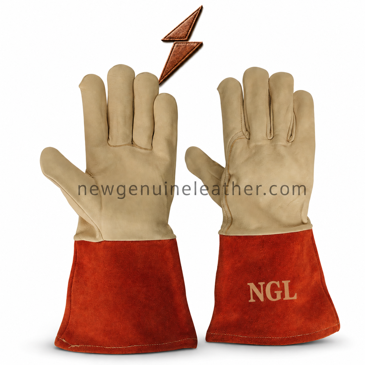 OEM Welding Gloves Pair – newgenuineleather.com OEM welding gloves with cream leather hands, red suede cuffs and NGL cuff branding