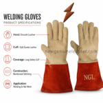 OEM welding gloves left-hand view with smooth cream palm and long red suede cuff