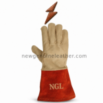 OEM welding gloves right-hand view with cream leather panels and red NGL safety cuff