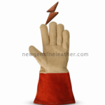 OEM welding gloves specification graphic showing leather hand, suede cuff and reinforced stitching