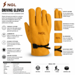 Best Diving Gloves showing smooth yellow leather, rounded fingers, double side stitching, extended cuff, and black toggle closure.