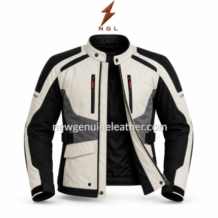 Cordura Jackets in off-white, black and grey with red chest zipper pulls and NGL logo by newgenuineleather.com