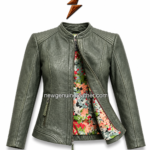 Olive green Women Leather Jacket with floral lining and stand collar