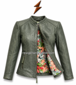 Olive green Women Leather Jacket with floral lining and stand collar