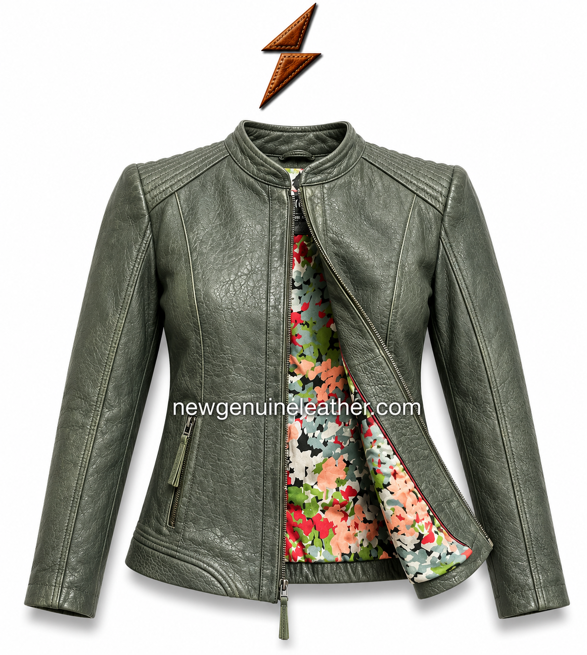 Olive Green Women Leather Jacket Front View Olive green Women Leather Jacket with floral lining and stand collar