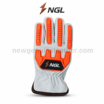 Premium white leather NGL GLOVES with orange segmented finger strips, orange thumb protection and brown cuff edging.