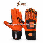 Back view of IMPACT MECHANIC GLOVES featuring orange textile fabric, segmented black finger guards and a large hand shield.