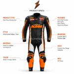 Orange Motorcycle Racing Suit front view in black, orange and white with sponsor-style patches and newgenuineleather.com
