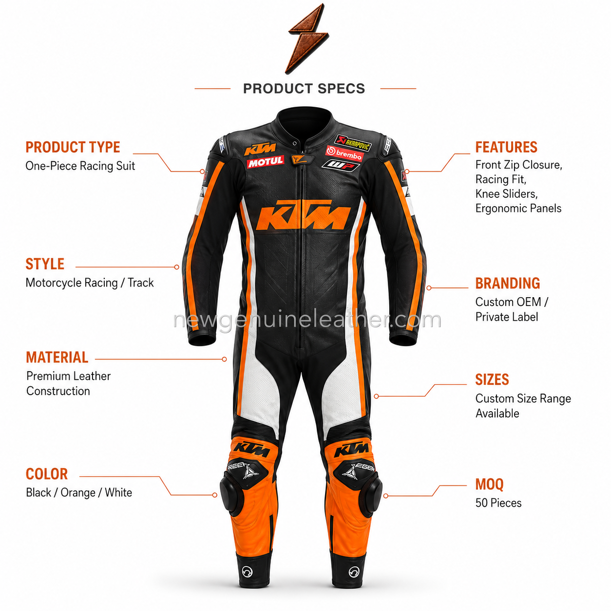 Orange Motorcycle Racing Suit Specifications | newgenuineleather.com Orange Motorcycle Racing Suit front view in black, orange and white with sponsor-style patches and newgenuineleather.com