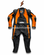 Orange Motorcycle Suit specifications infographic with front, back, size chart and feature details
