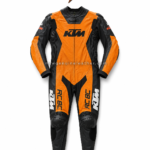 Orange Motorcycle Suit front view with black racing panels, knee sliders and newgenuineleather.com